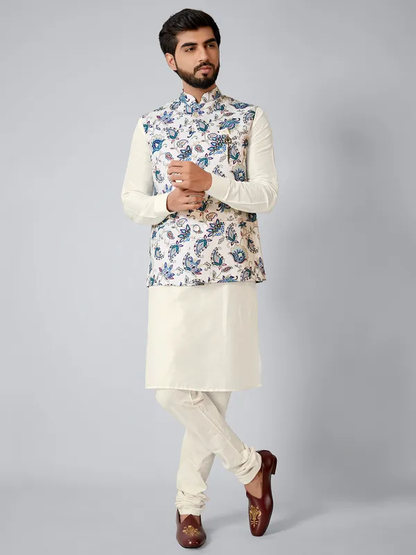 White and cream festive printed wear waistcoat set for men