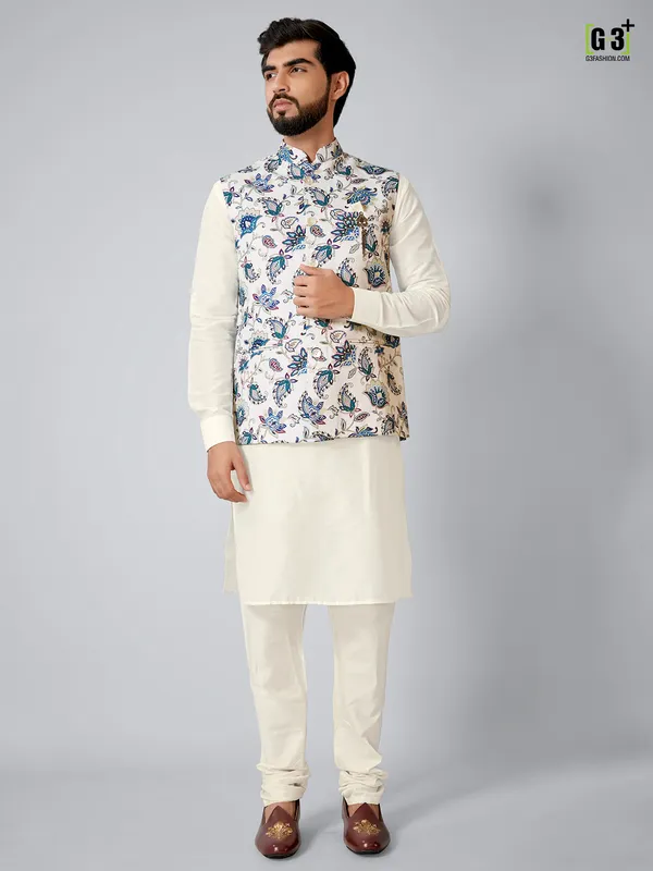 White and cream festive printed wear waistcoat set for men
