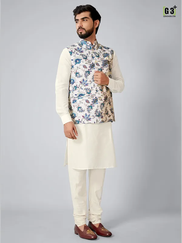 White and cream festive printed wear waistcoat set for men