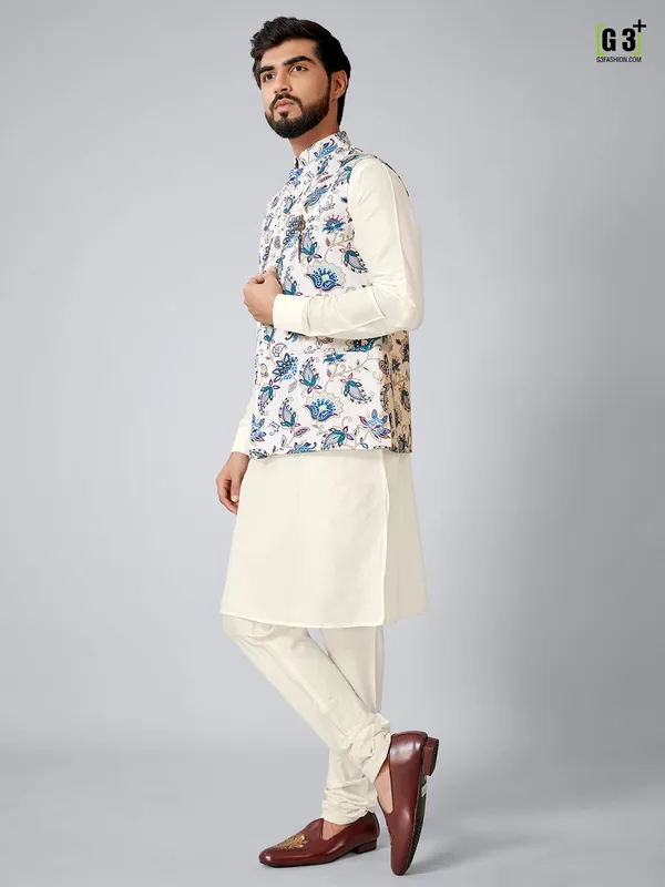 White and cream festive printed wear waistcoat set for men