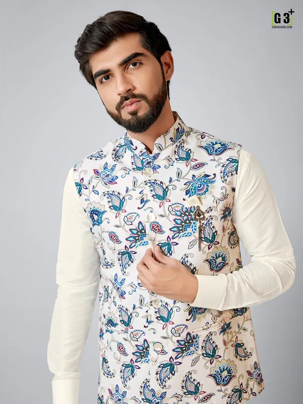 White and cream festive printed wear waistcoat set for men