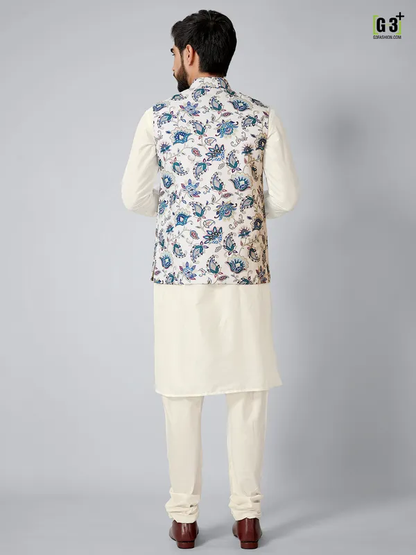 White and cream festive printed wear waistcoat set for men