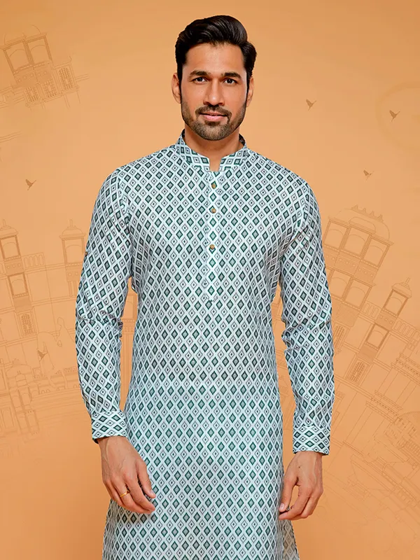 White and dark green cotton printed kurta set