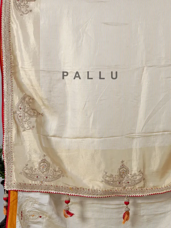 White and gold silk zardosi wedding wear saree