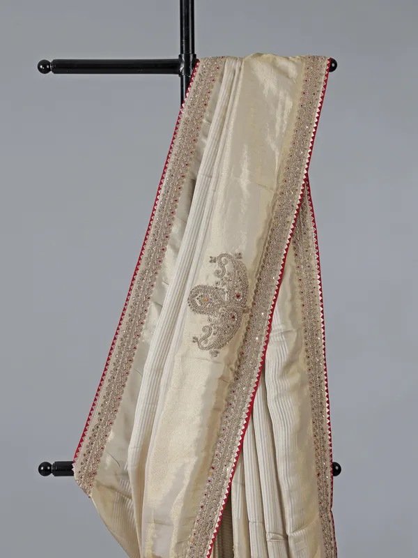 White and gold silk zardosi wedding wear saree