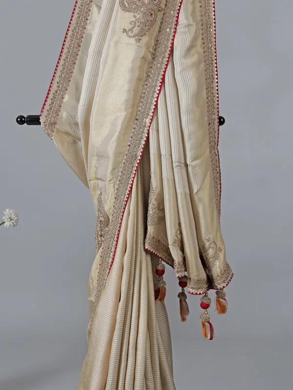 White and gold silk zardosi wedding wear saree