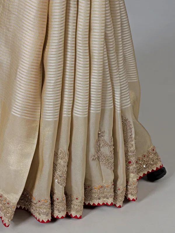White and gold silk zardosi wedding wear saree