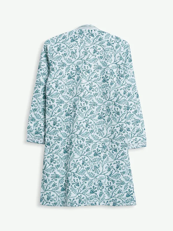 White and green cotton printed kurta suit