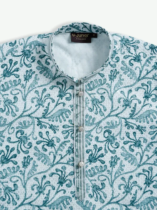 White and green cotton printed kurta suit