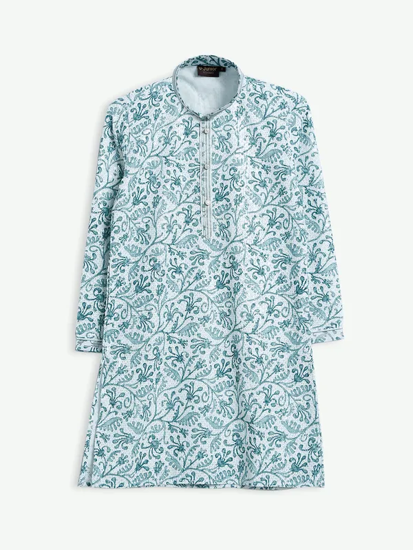 White and green cotton printed kurta suit