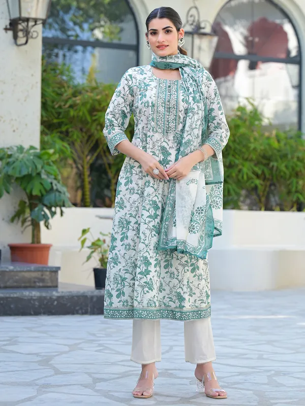 White and green cotton printed kurti set