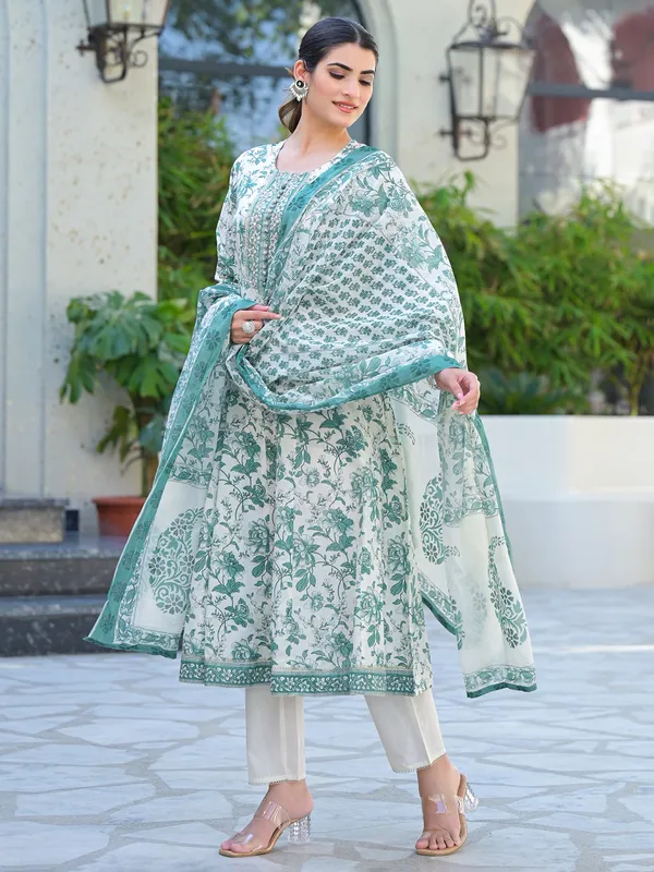White and green cotton printed kurti set