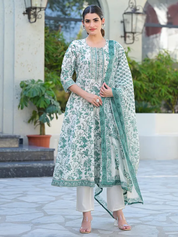 White and green cotton printed kurti set