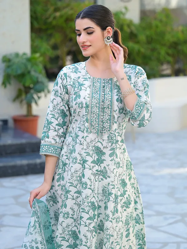 White and green cotton printed kurti set