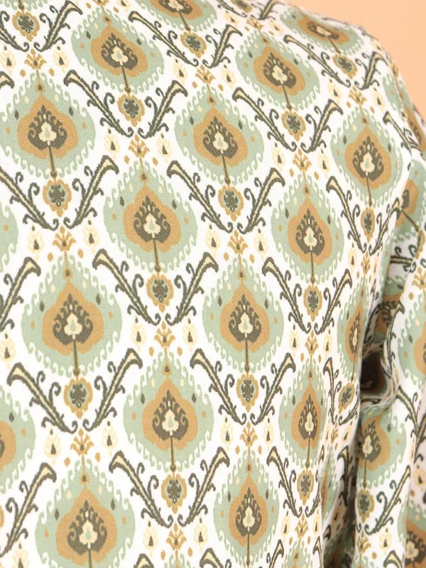 White and green printed cotton kurta for men