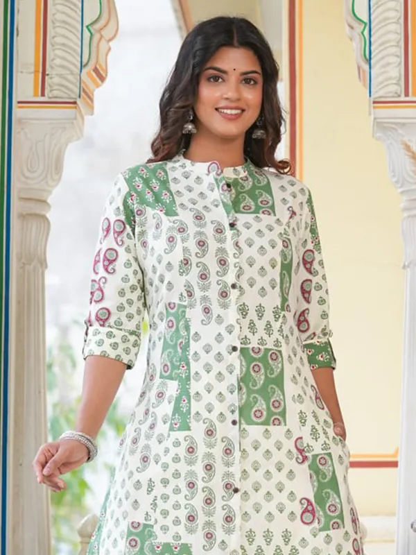 White and green printed cotton kurti
