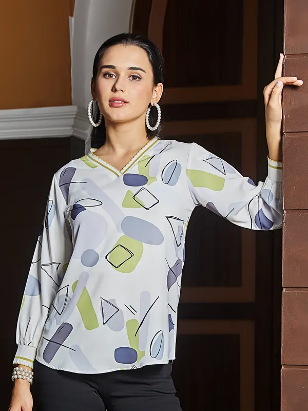 White and green printed satin top