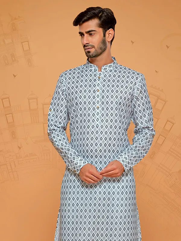 White and grey cotton printed kurta suit