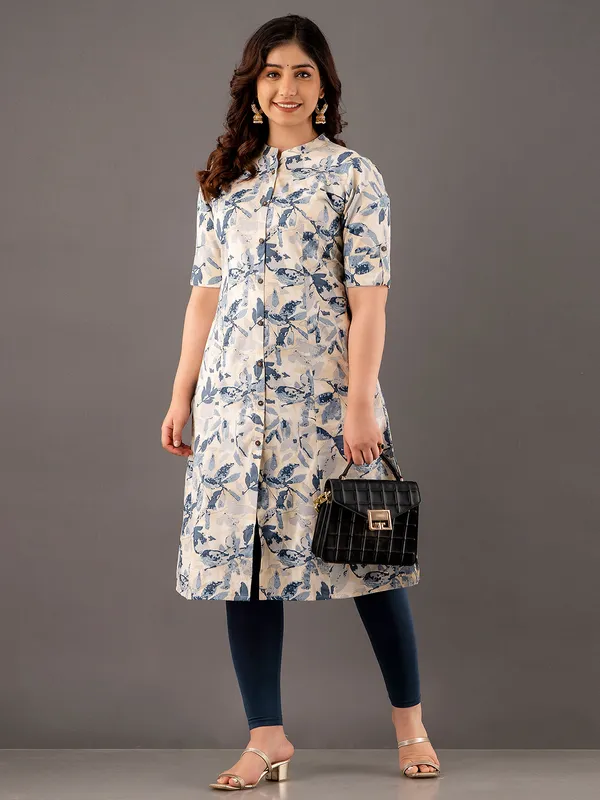 White and grey printed cotton kurti