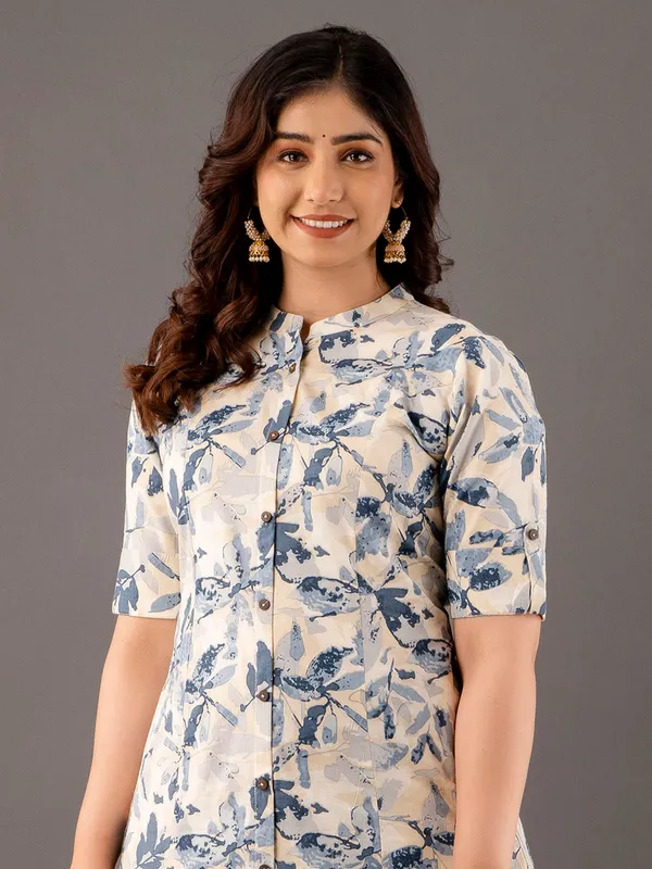 White and grey printed cotton kurti