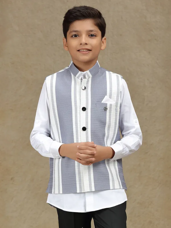 White and grey striped terry rayon waistcoat