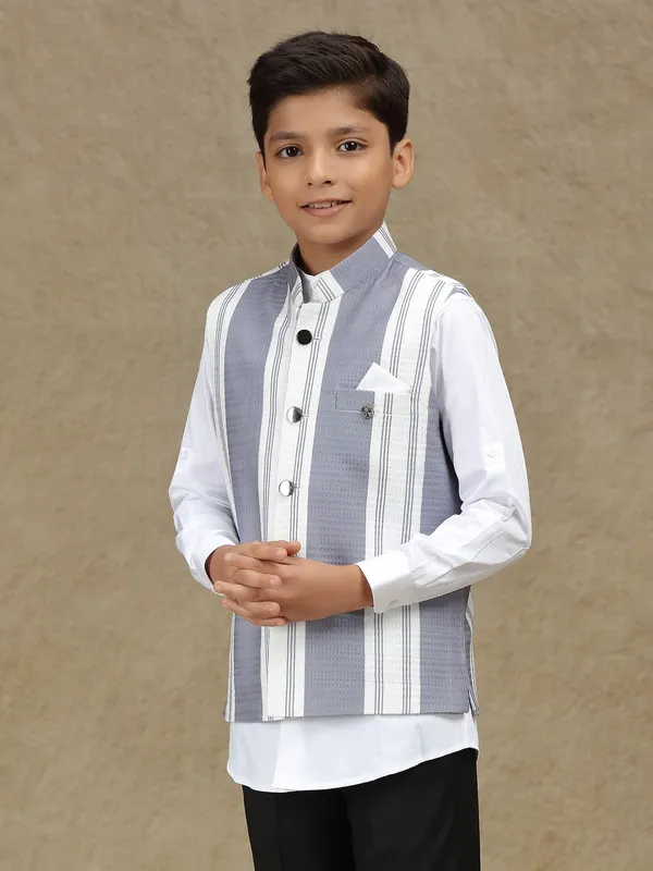 White and grey striped terry rayon waistcoat