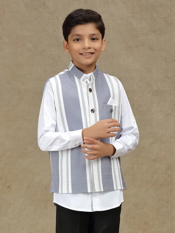 White and grey striped terry rayon waistcoat