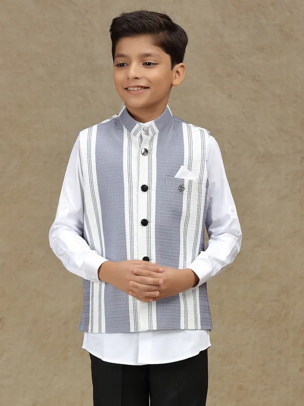 White and grey striped terry rayon waistcoat