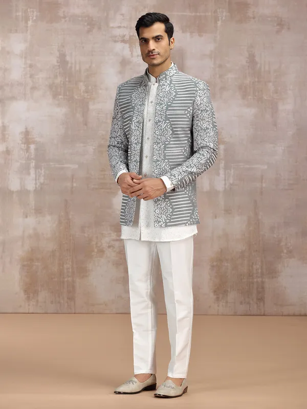 White and Grey wedding wear indowestern set for men