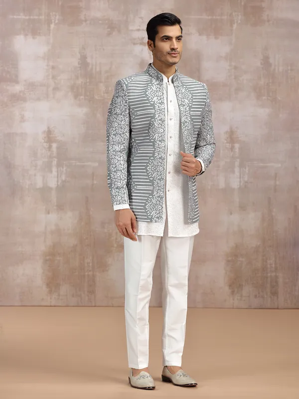 White and Grey wedding wear indowestern set for men