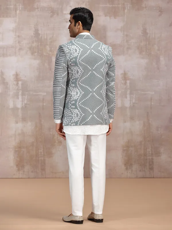 White and Grey wedding wear indowestern set for men
