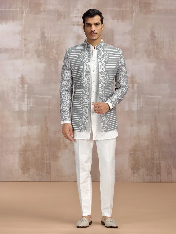 White and Grey wedding wear indowestern set for men