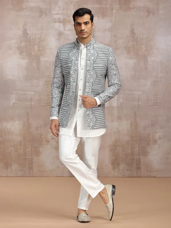 White and Grey wedding wear indowestern set for men