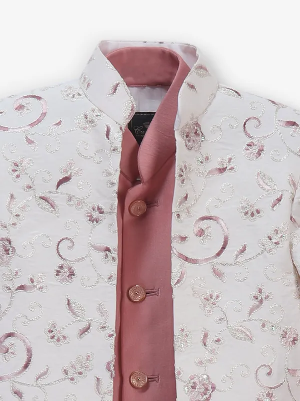 White and light pink silk indowestern set for boys