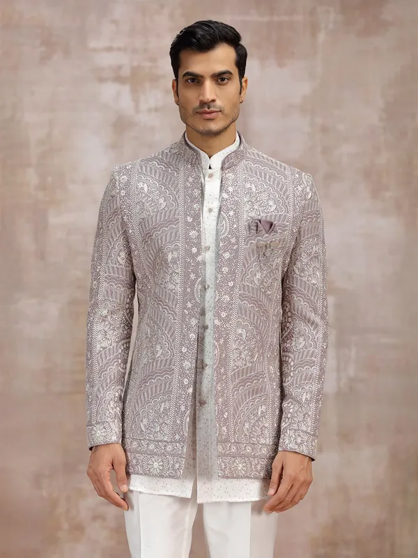 White and lilac purple indowestern set for men