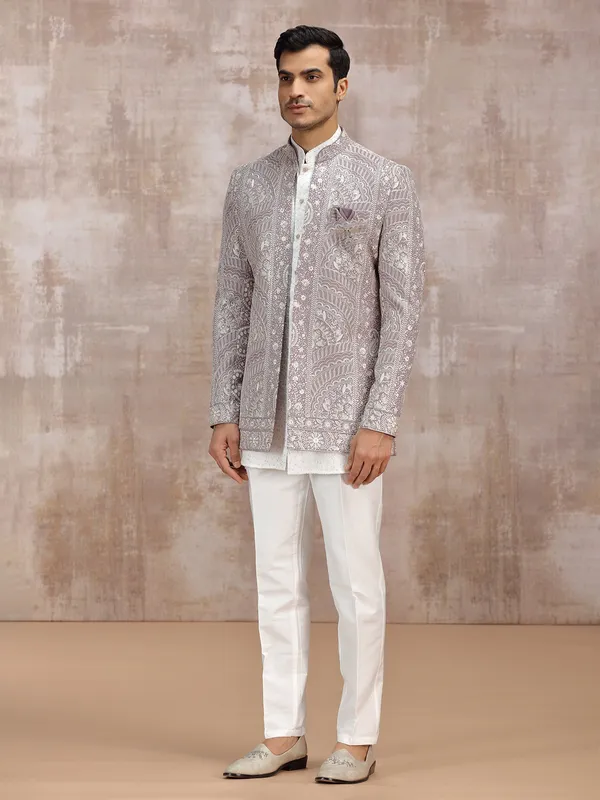 White and lilac purple indowestern set for men