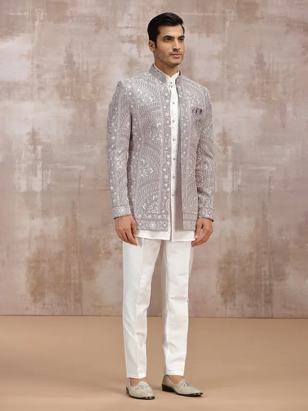 White and lilac purple indowestern set for men