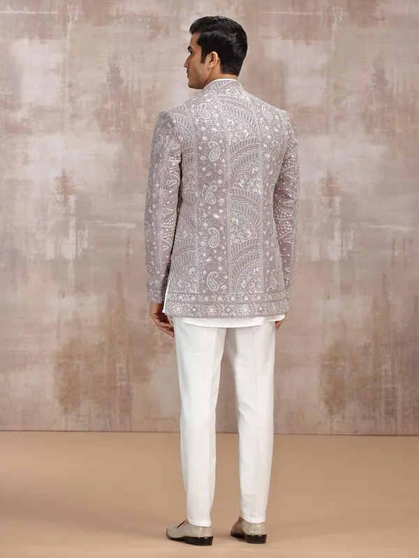 White and lilac purple indowestern set for men