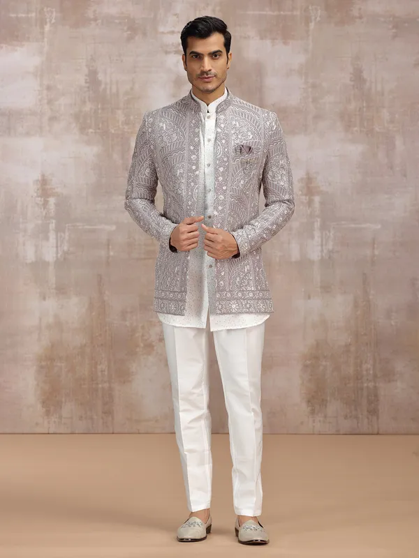White and lilac purple indowestern set for men