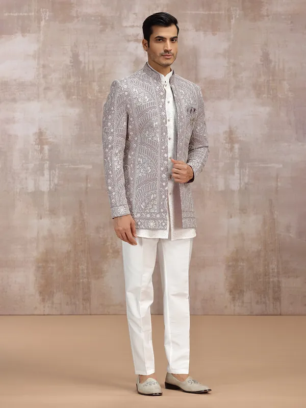 White and lilac purple indowestern set for men