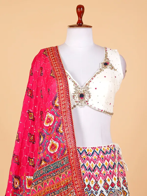 White and magenta silk printed lehenga choli