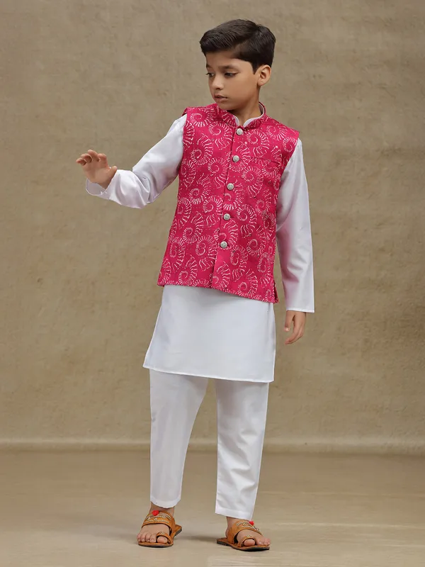 White and magenta waistcoat set for boys