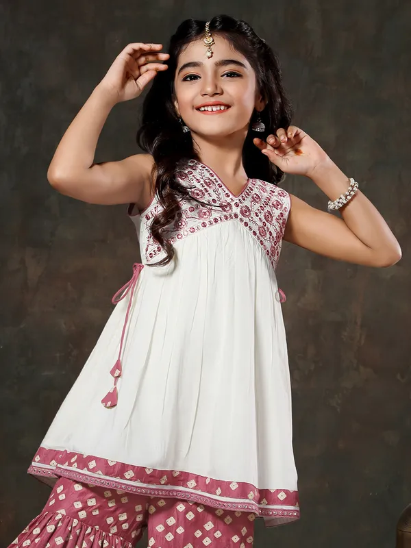 White and maroon rayon cotton sharara set