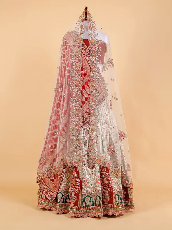 White and maroon unstitched lehenga choli