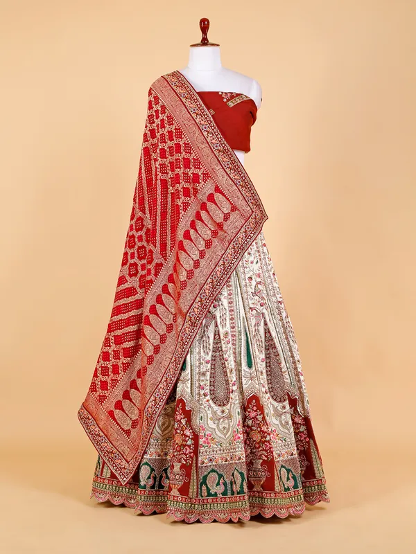White and maroon unstitched lehenga choli