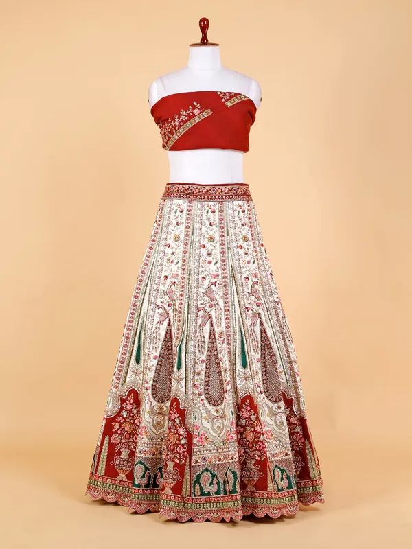 White and maroon unstitched lehenga choli