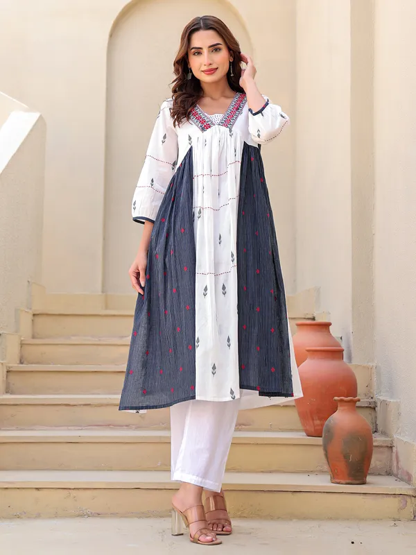 White and navy cotton printed kurti set