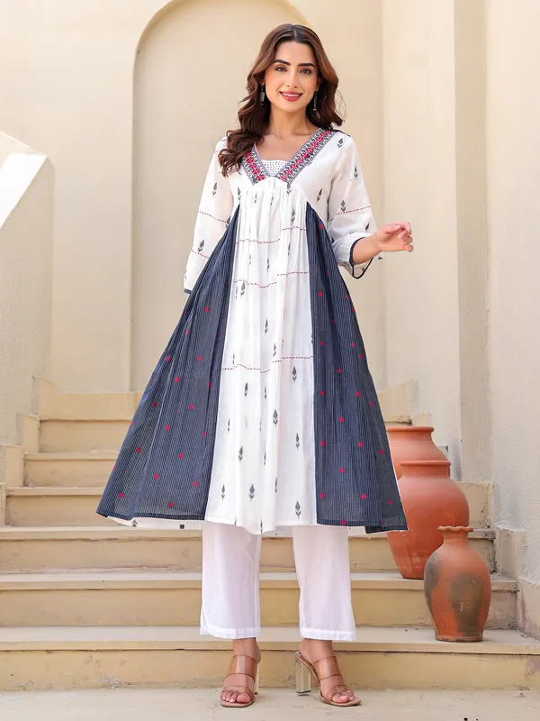White and navy cotton printed kurti set