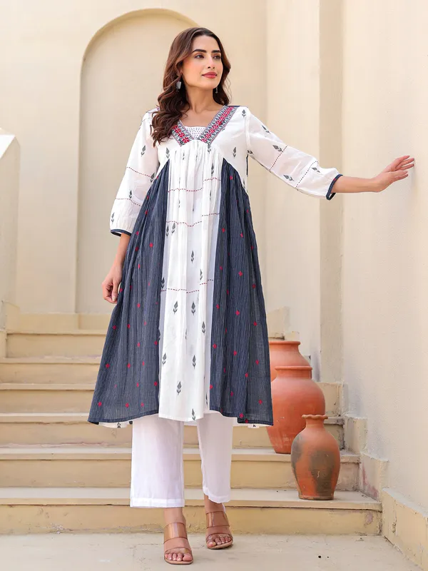 White and navy cotton printed kurti set