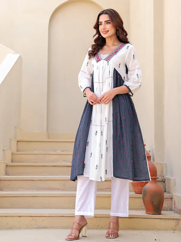 White and navy cotton printed kurti set